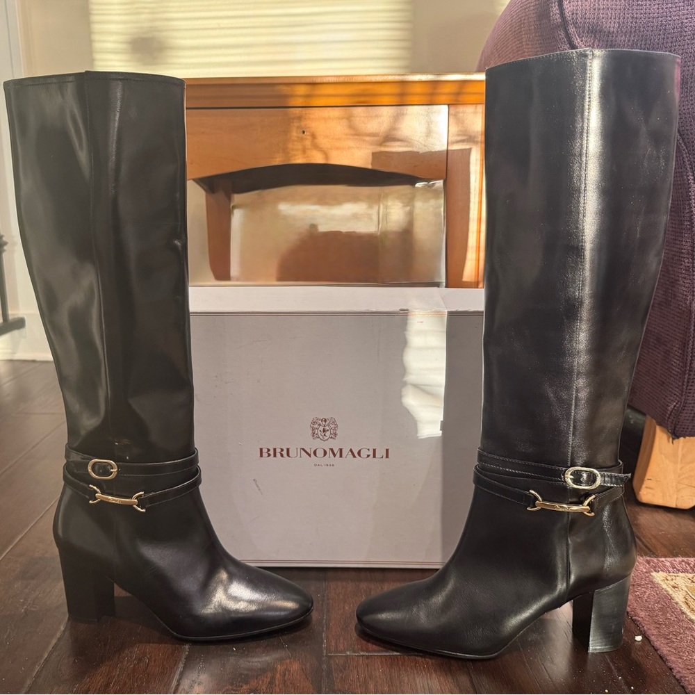 New Bruno Magli Black Adriana Knee High Block Heel Leather Boot - Picture 5 of 13
